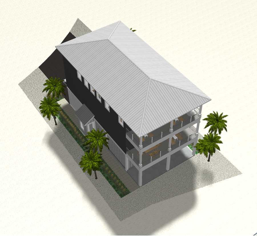 Modern beach or vacation house 3D rendering designed by the architecture firm Born Architects, which serves the northwestern Florida area including Port St. Joe, Gulf Breeze, St. George Island, Cape San Blas, Mexico Beach, and the Emerald Coast.