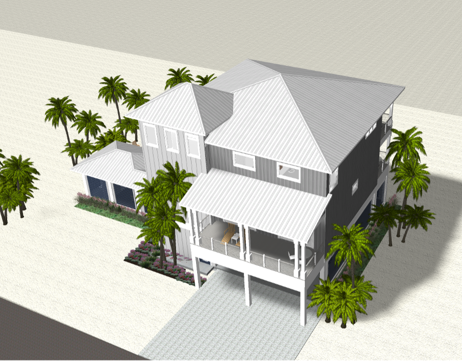 Modern beach or vacation house 3D rendering designed by the architecture firm Born Architects, which serves the northwestern Florida area including Port St. Joe, Gulf Breeze, St. George Island, Cape San Blas, Mexico Beach, and the Emerald Coast.