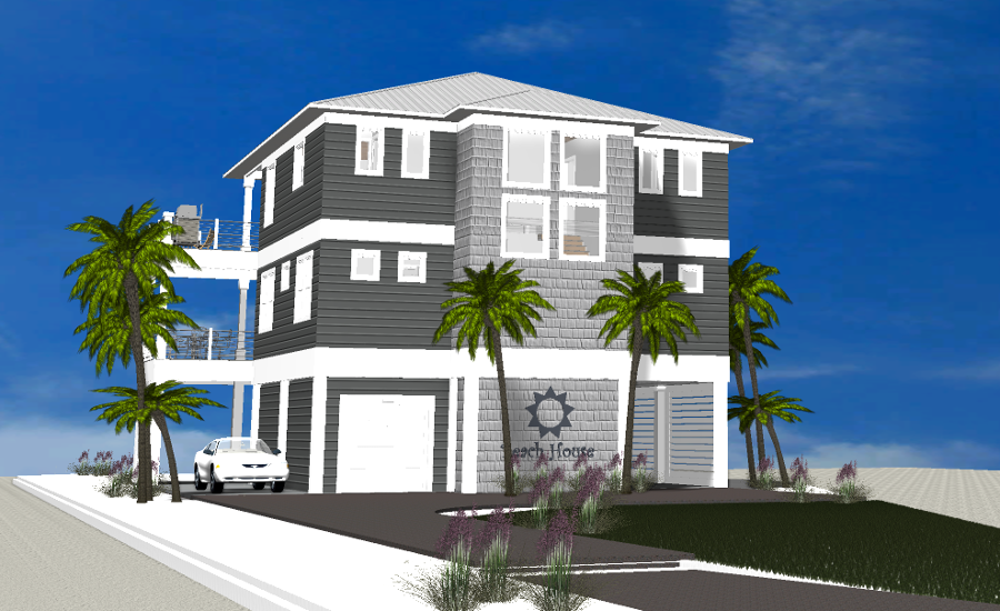 Modern beach or vacation house 3D rendering designed by the architecture firm Born Architects, which serves residential builders in the northwestern Florida area including Port St. Joe, Gulf Breeze, St. George Island, Cape San Blas, Mexico Beach, and