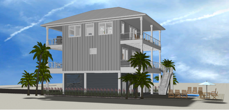 Modern beach or vacation house 3D rendering designed by the architecture firm Born Architects, which serves the northwestern Florida area including Port St. Joe, Gulf Breeze, St. George Island, Cape San Blas, Mexico Beach, and the Emerald Coast.