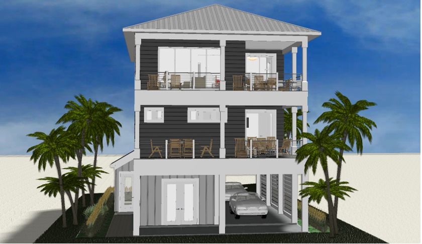 Modern beach or vacation house 3D rendering designed by the architecture firm Born Architects, which serves the northwestern Florida area including Port St. Joe, Gulf Breeze, St. George Island, Cape San Blas, Mexico Beach, and the Emerald Coast.