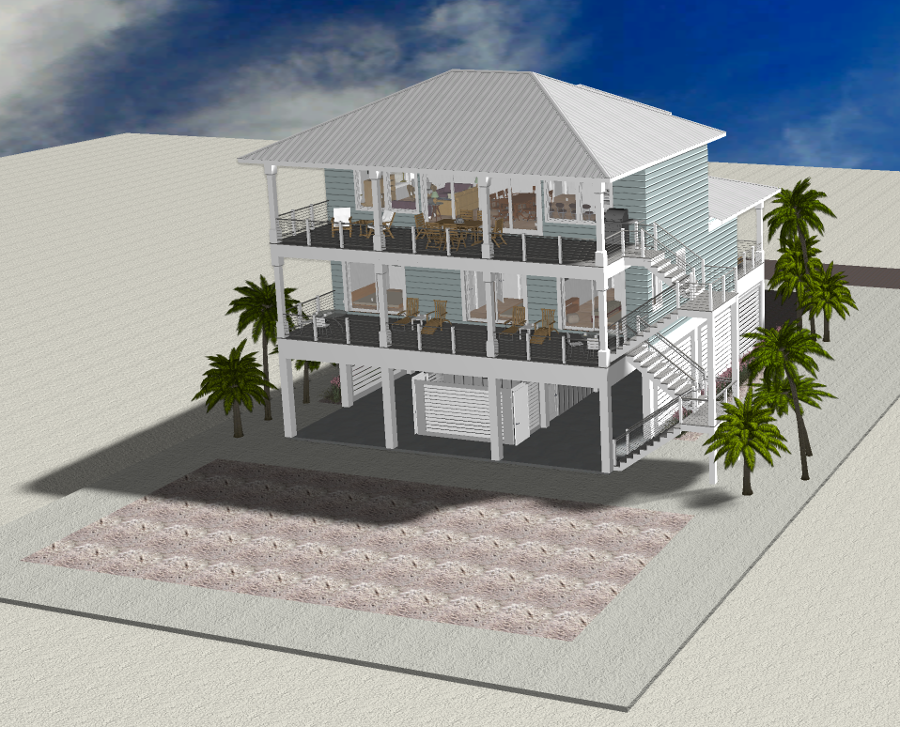 Modern beach or vacation house 3D rendering designed by the architecture firm Born Architects, which serves residential builders in the northwestern Florida area including Port St. Joe, Gulf Breeze, St. George Island, Cape San Blas, Mexico Beach, and