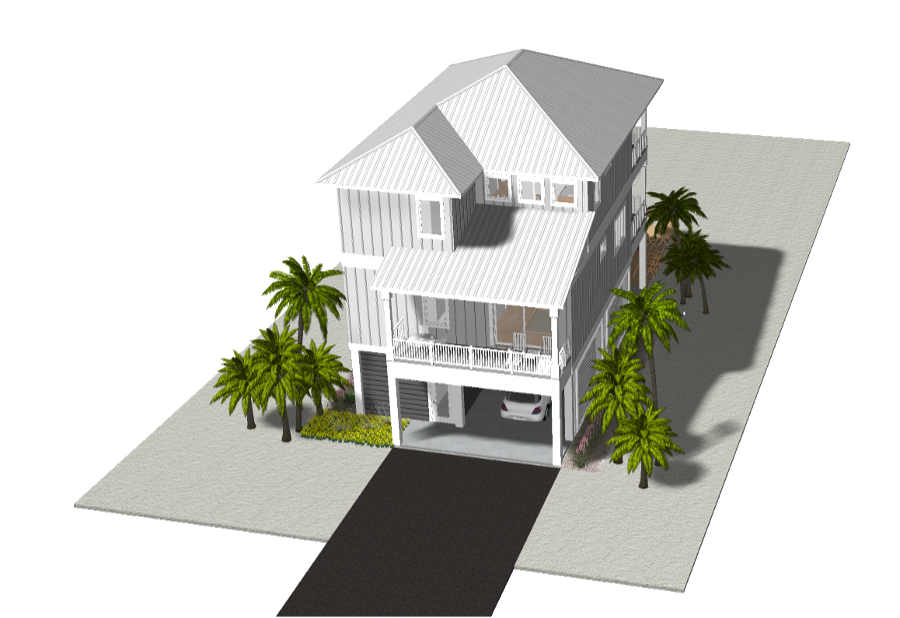 Modern beach or vacation house 3D rendering designed by the architecture firm Born Architects, which serves the northwestern Florida area including Port St. Joe, Gulf Breeze, St. George Island, Cape San Blas, Mexico Beach, and the Emerald Coast.