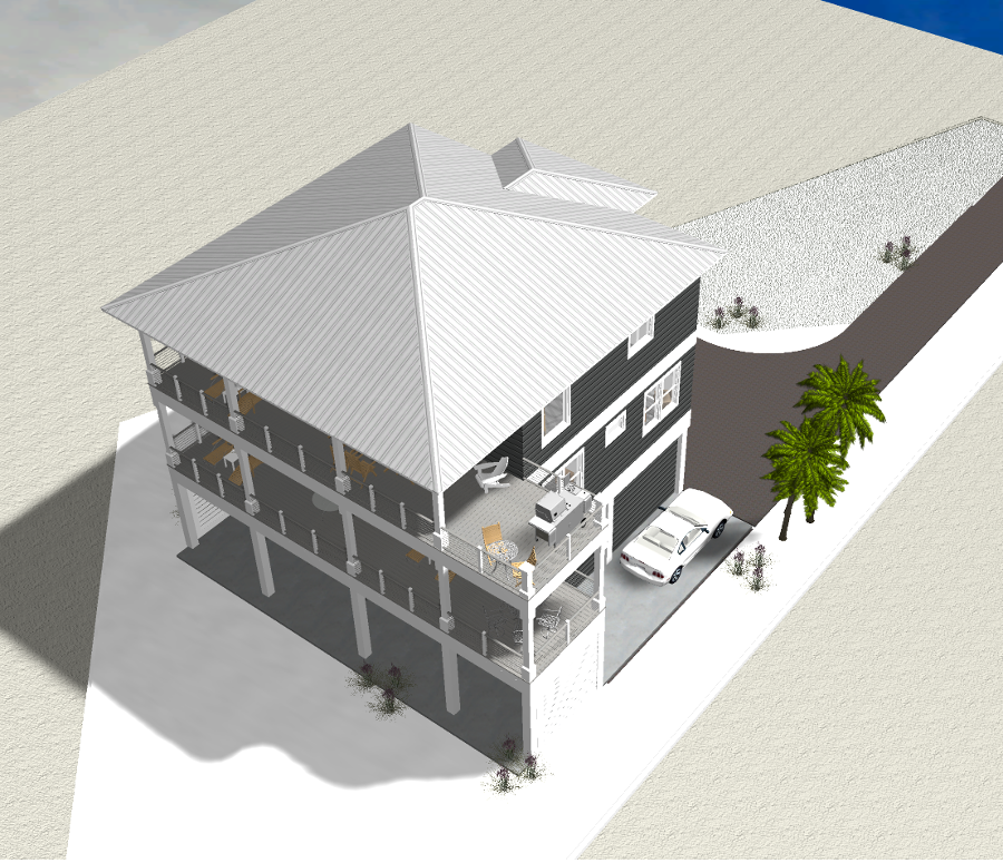 Modern beach or vacation house 3D rendering designed by the architecture firm Born Architects, which serves residential builders in the northwestern Florida area including Port St. Joe, Gulf Breeze, St. George Island, Cape San Blas, Mexico Beach, and