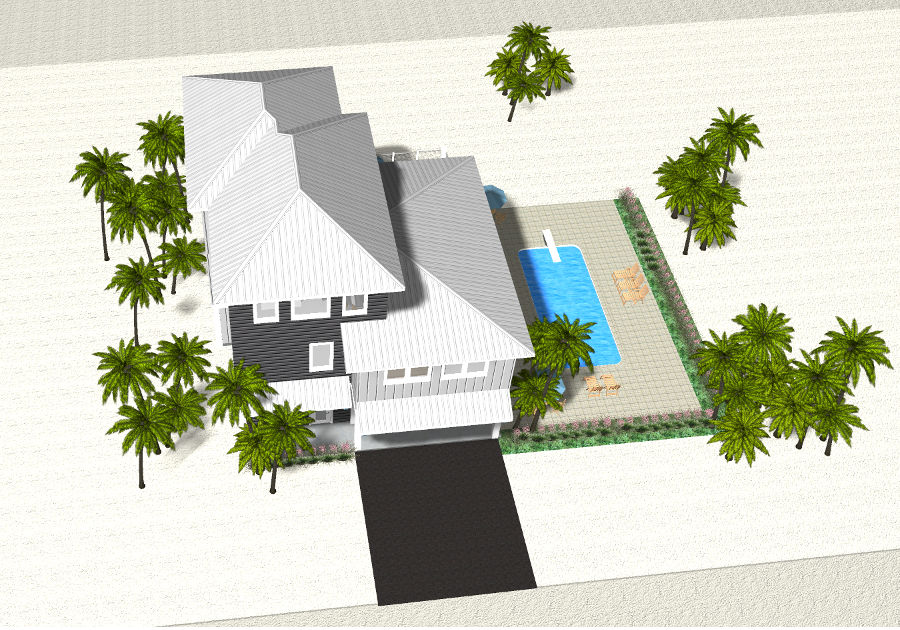 Modern beach or vacation house 3D rendering designed by the architecture firm Born Architects, which serves residential builders in the northwestern Florida area including Port St. Joe, Gulf Breeze, St. George Island, Cape San Blas, Mexico Beach, and