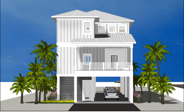 Modern beach or vacation house 3D rendering designed by the architecture firm Born Architects, which serves the northwestern Florida area including Port St. Joe, Gulf Breeze, St. George Island, Cape San Blas, Mexico Beach, and the Emerald Coast.