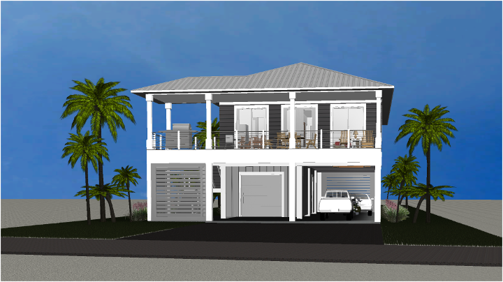 Modern beach or vacation house 3D rendering designed by the architecture firm Born Architects, which serves the northwestern Florida area including Port St. Joe, Gulf Breeze, St. George Island, Cape San Blas, Mexico Beach, and the Emerald Coast.