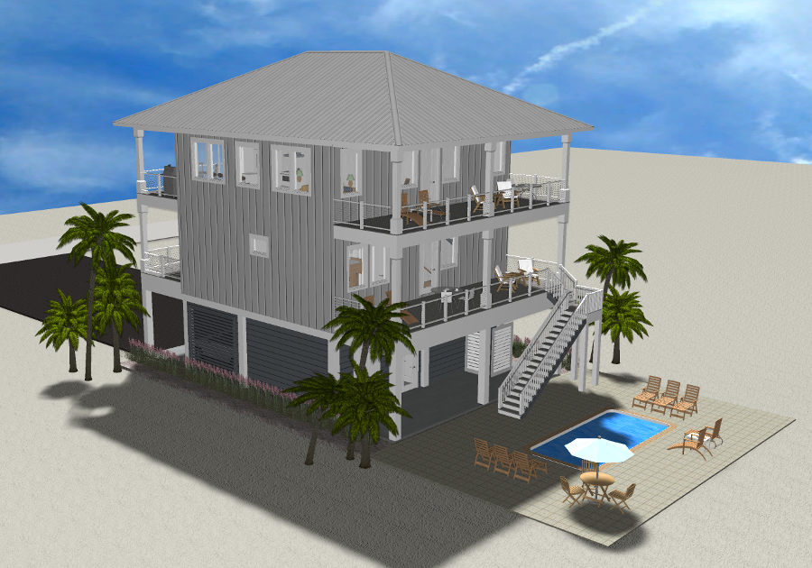 Modern beach or vacation house 3D rendering designed by the architecture firm Born Architects, which serves the northwestern Florida area including Port St. Joe, Gulf Breeze, St. George Island, Cape San Blas, Mexico Beach, and the Emerald Coast.