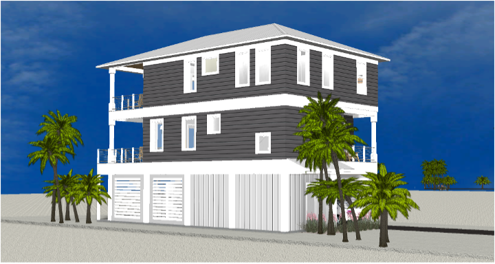 Modern beach or vacation house 3D rendering designed by the architecture firm Born Architects, which serves residential builders in the northwestern Florida area including Port St. Joe, Gulf Breeze, St. George Island, Cape San Blas, Mexico Beach, and