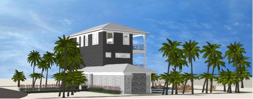 Modern beach or vacation house 3D rendering designed by the architecture firm Born Architects, which serves residential builders in the northwestern Florida area including Port St. Joe, Gulf Breeze, St. George Island, Cape San Blas, Mexico Beach, and