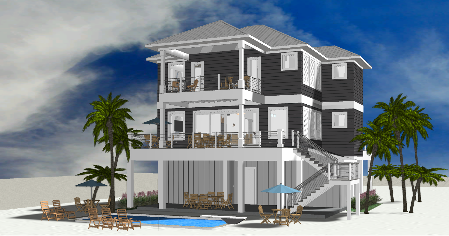 Modern beach or vacation house with a pool 3D rendering designed by the architecture firm Born Architects, which serves residential builders in the northwestern Florida area including Port St. Joe, Gulf Breeze, St. George Island, Cape San Blas, Mexic