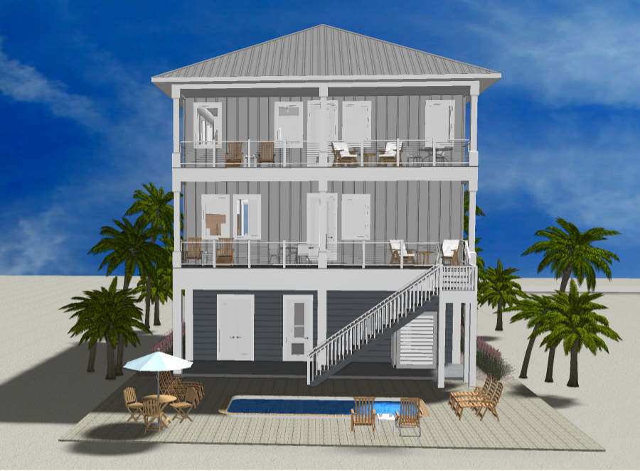 Modern beach or vacation house 3D rendering designed by the architecture firm Born Architects, which serves the northwestern Florida area including Port St. Joe, Gulf Breeze, St. George Island, Cape San Blas, Mexico Beach, and the Emerald Coast.