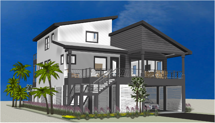 Modern beach or vacation house 3D rendering designed by the architecture firm Born Architects, which serves residential builders in the northwestern Florida area including Port St. Joe, Gulf Breeze, St. George Island, Cape San Blas, Mexico Beach, and