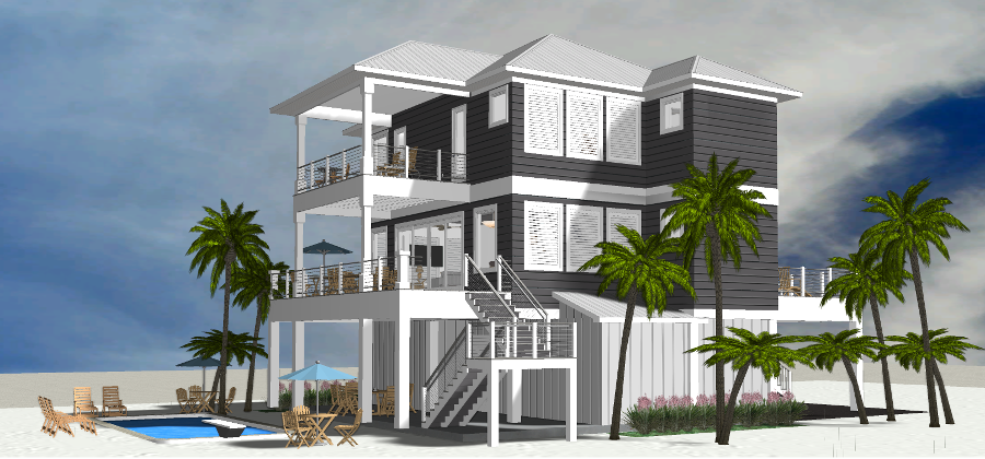 Modern beach or vacation house with a pool 3D rendering designed by the architecture firm Born Architects, which serves residential builders in the northwestern Florida area including Port St. Joe, Gulf Breeze, St. George Island, Cape San Blas, Mexic
