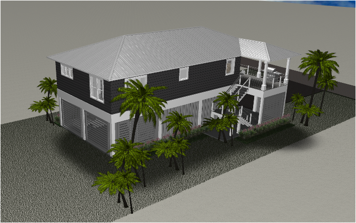 Modern beach or vacation house 3D rendering designed by the architecture firm Born Architects, which serves the northwestern Florida area including Port St. Joe, Gulf Breeze, St. George Island, Cape San Blas, Mexico Beach, and the Emerald Coast.