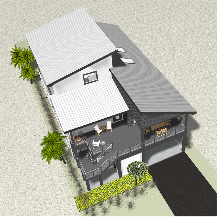 Modern beach or vacation house 3D rendering designed by the architecture firm Born Architects, which serves residential builders in the northwestern Florida area including Port St. Joe, Gulf Breeze, St. George Island, Cape San Blas, Mexico Beach, and