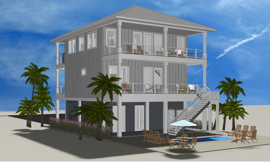 Modern beach or vacation house 3D rendering designed by the architecture firm Born Architects, which serves the northwestern Florida area including Port St. Joe, Gulf Breeze, St. George Island, Cape San Blas, Mexico Beach, and the Emerald Coast.