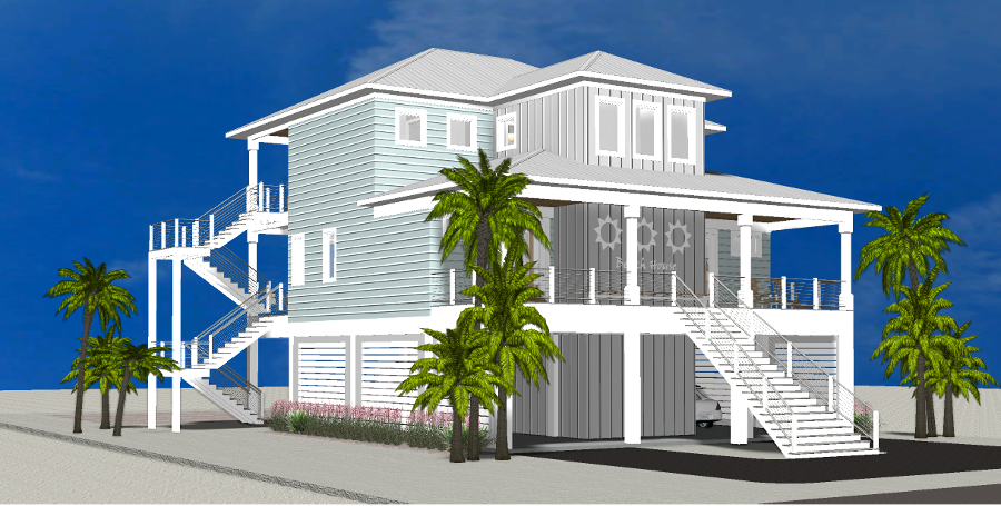 Modern beach or vacation house 3D rendering designed by the architecture firm Born Architects, which serves residential builders in the northwestern Florida area including Port St. Joe, Gulf Breeze, St. George Island, Cape San Blas, Mexico Beach, and