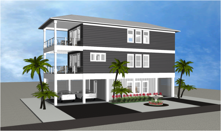 Modern beach or vacation house 3D rendering designed by the architecture firm Born Architects, which serves residential builders in the northwestern Florida area including Port St. Joe, Gulf Breeze, St. George Island, Cape San Blas, Mexico Beach, and