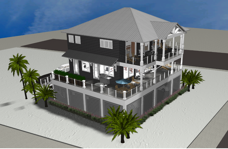 Modern beach or vacation house 3D rendering designed by the architecture firm Born Architects, which serves the northwestern Florida area including Port St. Joe, Gulf Breeze, St. George Island, Cape San Blas, Mexico Beach, and the Emerald Coast.