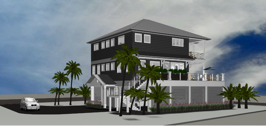 Modern beach or vacation house 3D rendering designed by the architecture firm Born Architects, which serves the northwestern Florida area including Port St. Joe, Gulf Breeze, St. George Island, Cape San Blas, Mexico Beach, and the Emerald Coast.