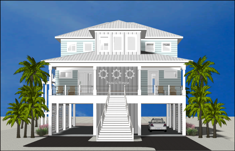 Modern beach or vacation house 3D rendering designed by the architecture firm Born Architects, which serves residential builders in the northwestern Florida area including Port St. Joe, Gulf Breeze, St. George Island, Cape San Blas, Mexico Beach, and