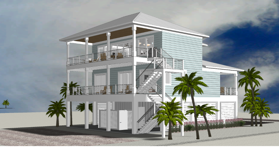 Modern beach or vacation house 3D rendering designed by the architecture firm Born Architects, which serves residential builders in the northwestern Florida area including Port St. Joe, Gulf Breeze, St. George Island, Cape San Blas, Mexico Beach, and