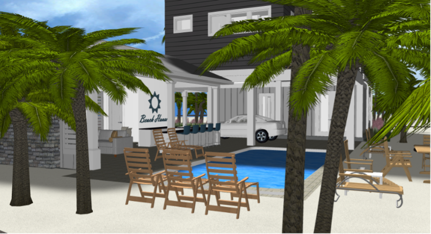 Modern beach or vacation house 3D rendering designed by the architecture firm Born Architects, which serves residential builders in the northwestern Florida area including Port St. Joe, Gulf Breeze, St. George Island, Cape San Blas, Mexico Beach, and