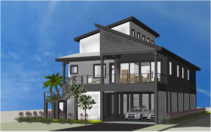 Modern beach or vacation house 3D rendering designed by the architecture firm Born Architects, which serves residential builders in the northwestern Florida area including Port St. Joe, Gulf Breeze, St. George Island, Cape San Blas, Mexico Beach, and