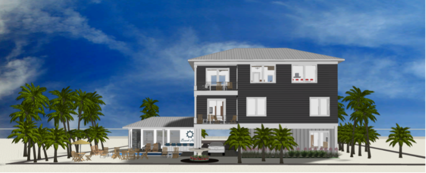 Modern beach or vacation house 3D rendering designed by the architecture firm Born Architects, which serves residential builders in the northwestern Florida area including Port St. Joe, Gulf Breeze, St. George Island, Cape San Blas, Mexico Beach, and