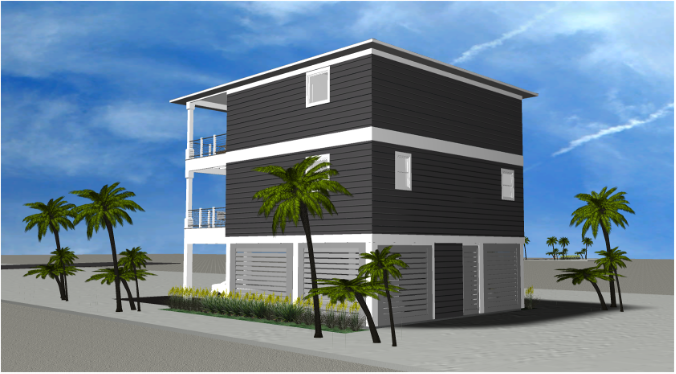 Modern beach or vacation house 3D rendering designed by the architecture firm Born Architects, which serves residential builders in the northwestern Florida area including Port St. Joe, Gulf Breeze, St. George Island, Cape San Blas, Mexico Beach, and
