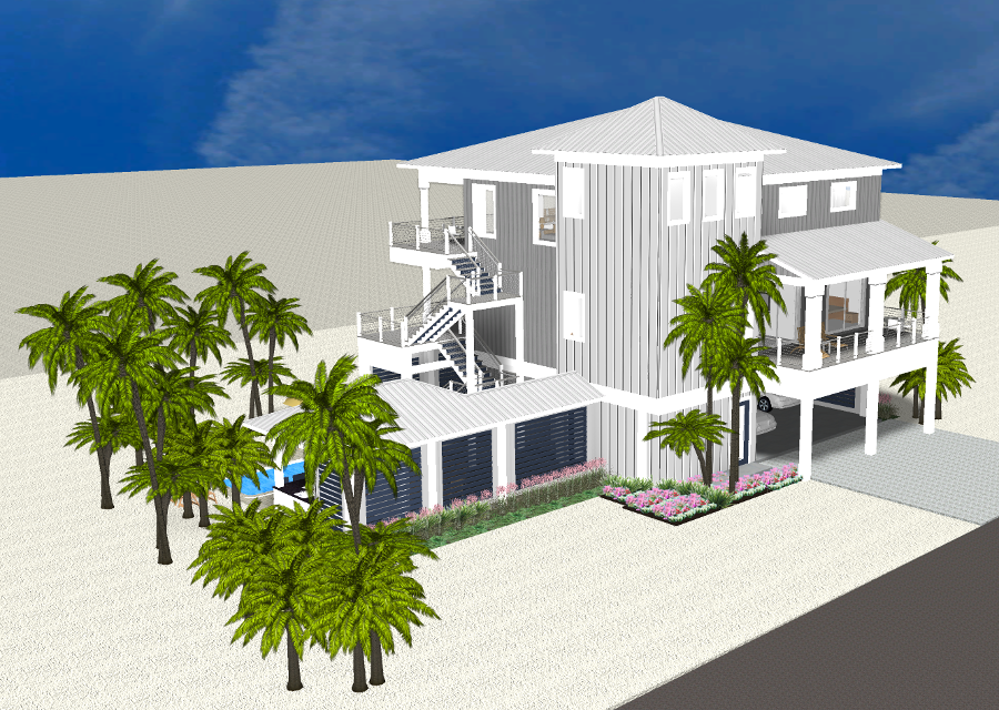 Modern beach or vacation house 3D rendering designed by the architecture firm Born Architects, which serves the northwestern Florida area including Port St. Joe, Gulf Breeze, St. George Island, Cape San Blas, Mexico Beach, and the Emerald Coast.