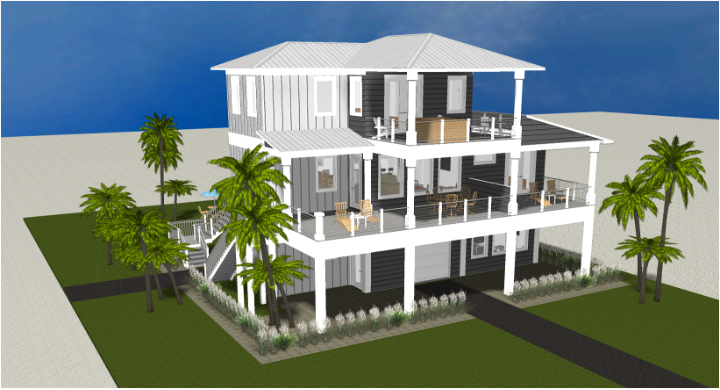 Modern beach or vacation house with a pool 3D rendering designed by the architecture firm Born Architects, which serves the northwestern Florida area including Port St. Joe, Gulf Breeze, St. George Island, Cape San Blas, Mexico Beach, and the Emerald