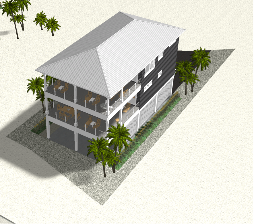 Modern beach or vacation house 3D rendering designed by the architecture firm Born Architects, which serves the northwestern Florida area including Port St. Joe, Gulf Breeze, St. George Island, Cape San Blas, Mexico Beach, and the Emerald Coast.