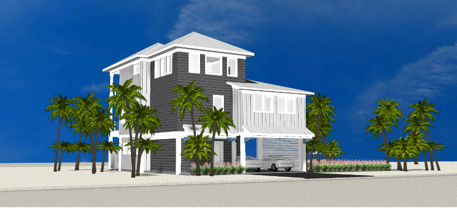 Modern beach or vacation house 3D rendering designed by the architecture firm Born Architects, which serves residential builders in the northwestern Florida area including Port St. Joe, Gulf Breeze, St. George Island, Cape San Blas, Mexico Beach, and