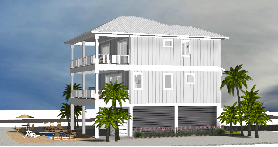Modern beach or vacation house 3D rendering designed by the architecture firm Born Architects, which serves the northwestern Florida area including Port St. Joe, Gulf Breeze, St. George Island, Cape San Blas, Mexico Beach, and the Emerald Coast.