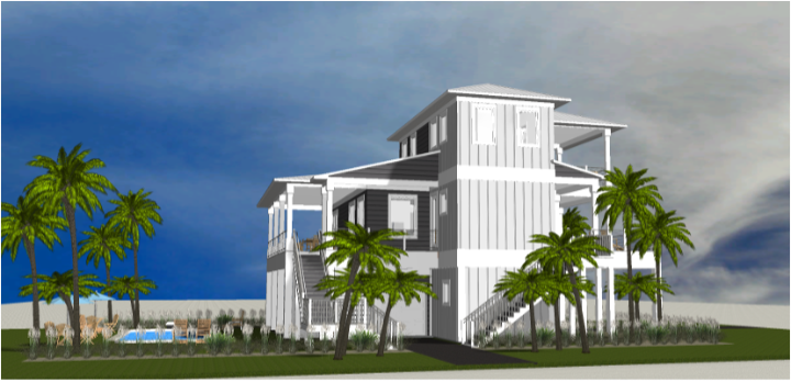 Modern beach or vacation house with a pool 3D rendering designed by the architecture firm Born Architects, which serves the northwestern Florida area including Port St. Joe, Gulf Breeze, St. George Island, Cape San Blas, Mexico Beach, and the Emerald