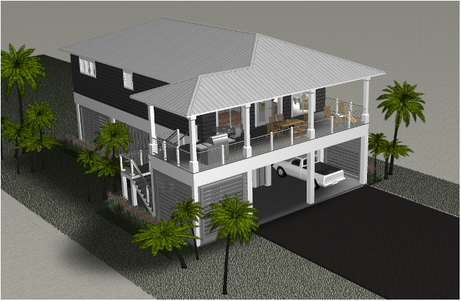 Modern beach or vacation house 3D rendering designed by the architecture firm Born Architects, which serves the northwestern Florida area including Port St. Joe, Gulf Breeze, St. George Island, Cape San Blas, Mexico Beach, and the Emerald Coast.