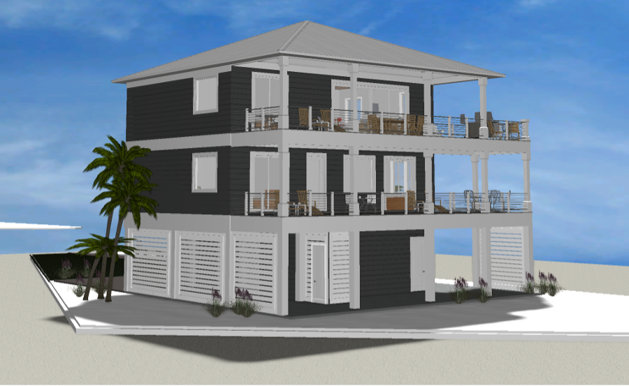 Modern beach or vacation house 3D rendering designed by the architecture firm Born Architects, which serves residential builders in the northwestern Florida area including Port St. Joe, Gulf Breeze, St. George Island, Cape San Blas, Mexico Beach, and