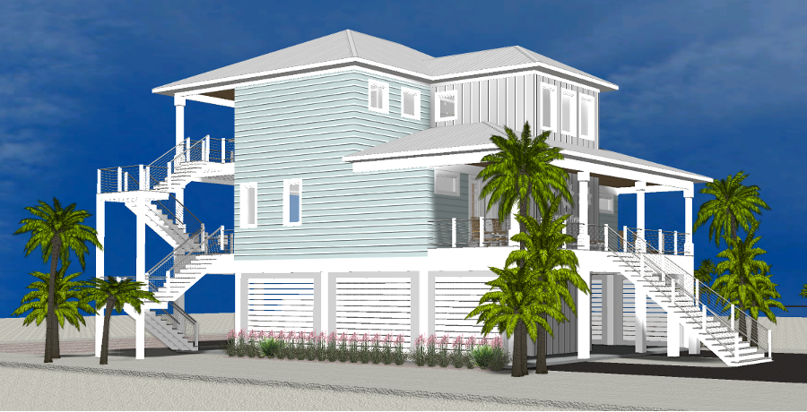 Modern beach or vacation house 3D rendering designed by the architecture firm Born Architects, which serves residential builders in the northwestern Florida area including Port St. Joe, Gulf Breeze, St. George Island, Cape San Blas, Mexico Beach, and