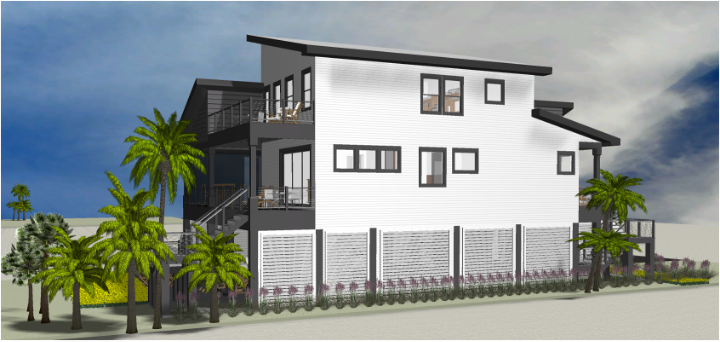 Modern beach or vacation house 3D rendering designed by the architecture firm Born Architects, which serves residential builders in the northwestern Florida area including Port St. Joe, Gulf Breeze, St. George Island, Cape San Blas, Mexico Beach, and
