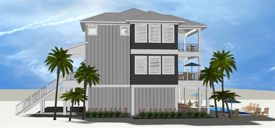Modern beach or vacation house with a pool 3D rendering designed by the architecture firm Born Architects, which serves residential builders in the northwestern Florida area including Port St. Joe, Gulf Breeze, St. George Island, Cape San Blas, Mexic