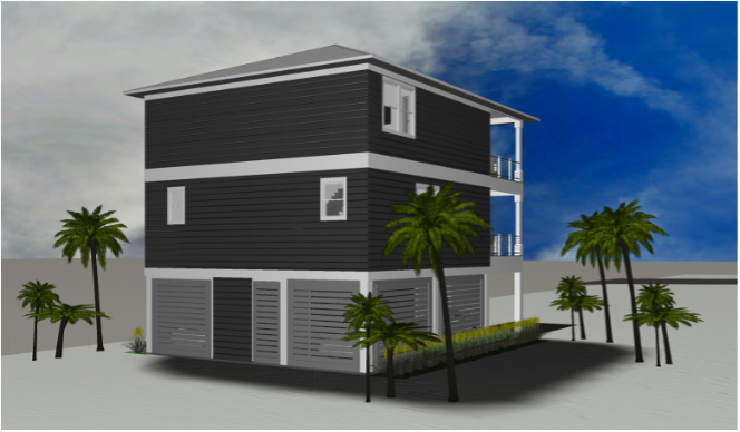 Modern beach or vacation house 3D rendering designed by the architecture firm Born Architects, which serves residential builders in the northwestern Florida area including Port St. Joe, Gulf Breeze, St. George Island, Cape San Blas, Mexico Beach, and