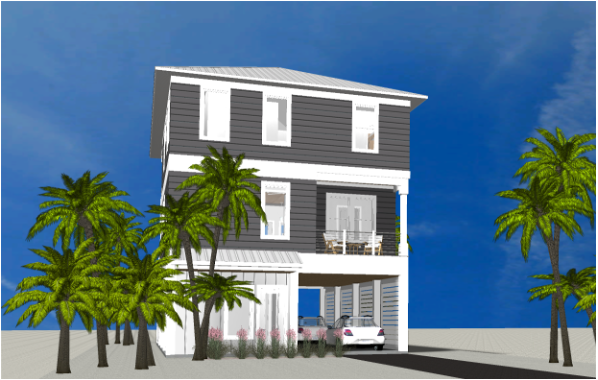Modern beach or vacation house 3D rendering designed by the architecture firm Born Architects, which serves residential builders in the northwestern Florida area including Port St. Joe, Gulf Breeze, St. George Island, Cape San Blas, Mexico Beach, and