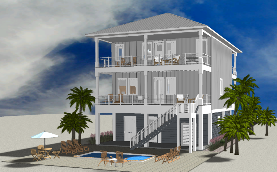 Modern beach or vacation house 3D rendering designed by the architecture firm Born Architects, which serves the northwestern Florida area including Port St. Joe, Gulf Breeze, St. George Island, Cape San Blas, Mexico Beach, and the Emerald Coast.