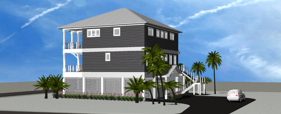 Modern beach or vacation house 3D rendering designed by the architecture firm Born Architects, which serves the northwestern Florida area including Port St. Joe, Gulf Breeze, St. George Island, Cape San Blas, Mexico Beach, and the Emerald Coast.