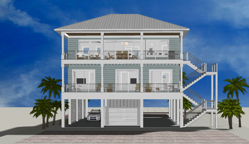 Modern beach or vacation house 3D rendering designed by the architecture firm Born Architects, which serves residential builders in the northwestern Florida area including Port St. Joe, Gulf Breeze, St. George Island, Cape San Blas, Mexico Beach, and