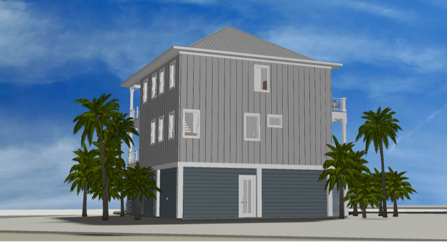 Modern beach or vacation house 3D rendering designed by the architecture firm Born Architects, which serves residential builders in the northwestern Florida area including Port St. Joe, Gulf Breeze, St. George Island, Cape San Blas, Mexico Beach, and