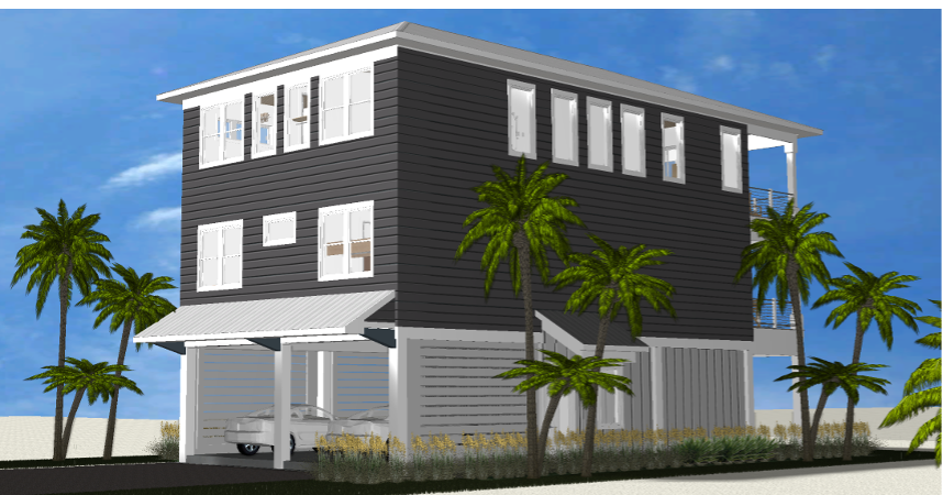 Modern beach or vacation house 3D rendering designed by the architecture firm Born Architects, which serves the northwestern Florida area including Port St. Joe, Gulf Breeze, St. George Island, Cape San Blas, Mexico Beach, and the Emerald Coast.