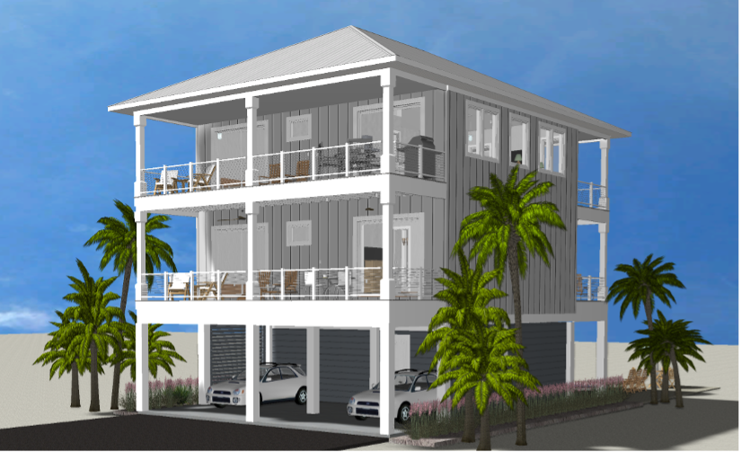 Modern beach or vacation house 3D rendering designed by the architecture firm Born Architects, which serves the northwestern Florida area including Port St. Joe, Gulf Breeze, St. George Island, Cape San Blas, Mexico Beach, and the Emerald Coast.